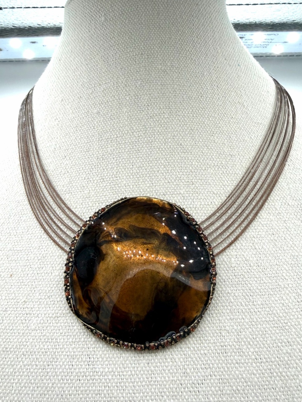 Chico’s Vintage Copper-toned Enamel Amber Crystals Large Pendant Collar Necklace